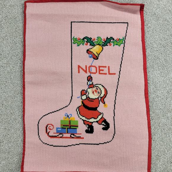 VTG Completed Needlepoint Christmas Stocking Kit Pink Wool Noel Santa Holiday